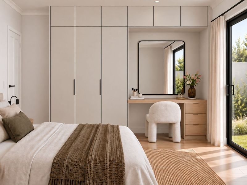 Modern bedroom featuring floor-to-ceiling built-in wardrobes, an integrated vanity station, and large sliding glass doors providing direct access to the garden.