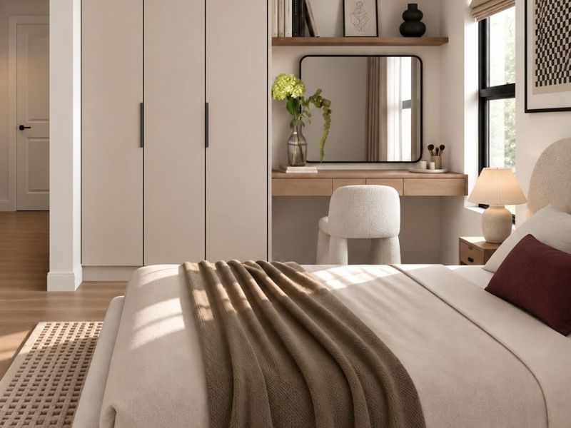 A modern, well-appointed bedroom featuring custom built-in wardrobes, a sleek integrated vanity area with floating shelving, and high-quality finishes throughout.