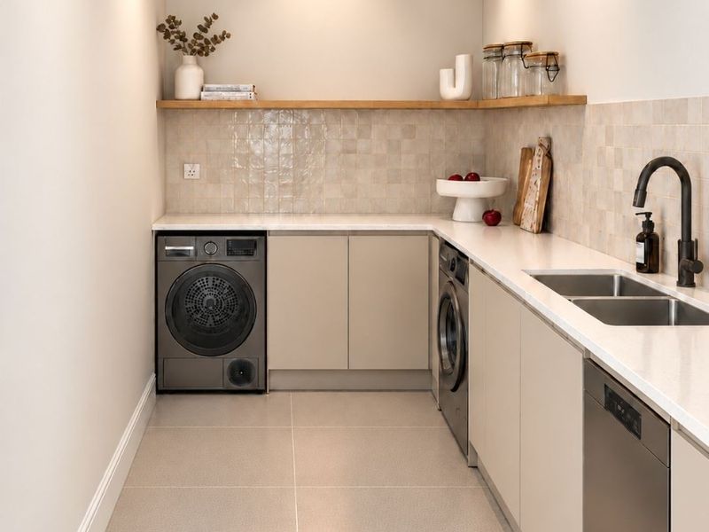Modern, well-appointed laundry room featuring sleek cabinetry, stone countertops, a double basin sink with black fixtures, and stylish tiled backsplash.