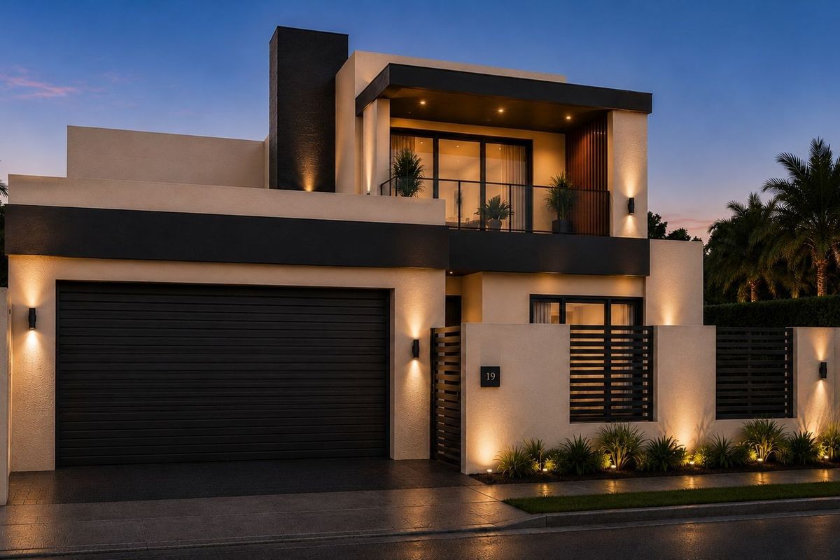A modern two-story residential facade featuring a double garage, a private upper-level balcony, and integrated architectural lighting at dusk.