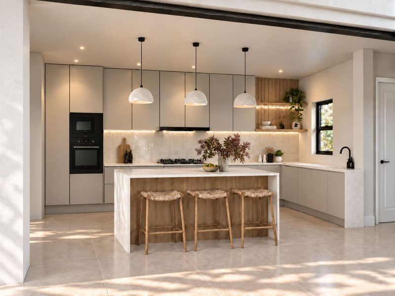 Modern kitchen featuring a central island, stone countertops, integrated appliances, tiled backsplash, and warm under-cabinet lighting in an open-plan layout.