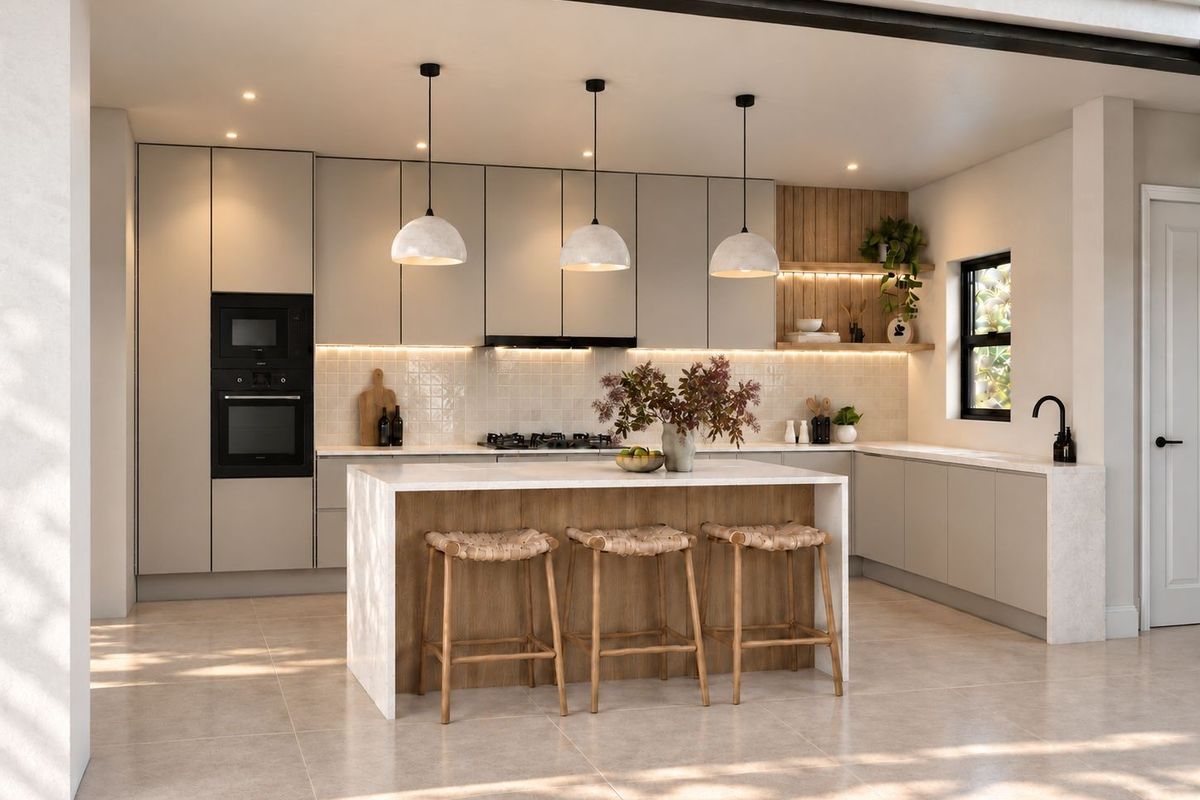 Modern kitchen featuring a central island, stone countertops, integrated appliances, tiled backsplash, and warm under-cabinet lighting in an open-plan layout.