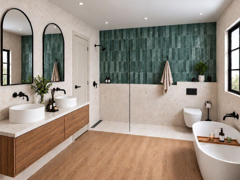 Modern luxury bathroom featuring a double vanity, walk-in shower with green feature tiling, freestanding bathtub, and high-end contemporary fixtures.