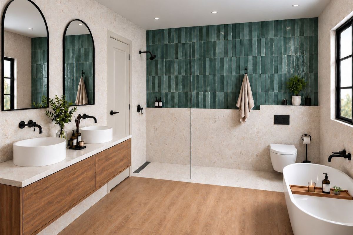 Modern luxury bathroom featuring a double vanity, walk-in shower with green feature tiling, freestanding bathtub, and high-end contemporary fixtures.