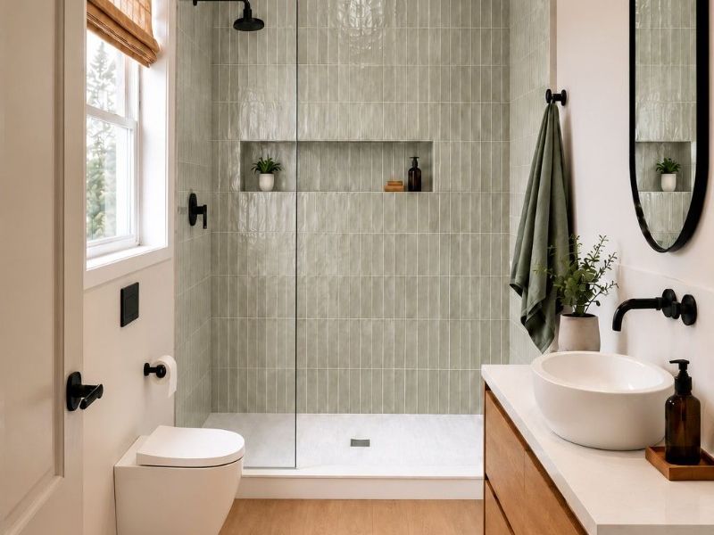 Modern bathroom featuring a walk-in shower with sage green subway tiles, a wall-mounted toilet, and a sleek wooden vanity with a vessel sink.