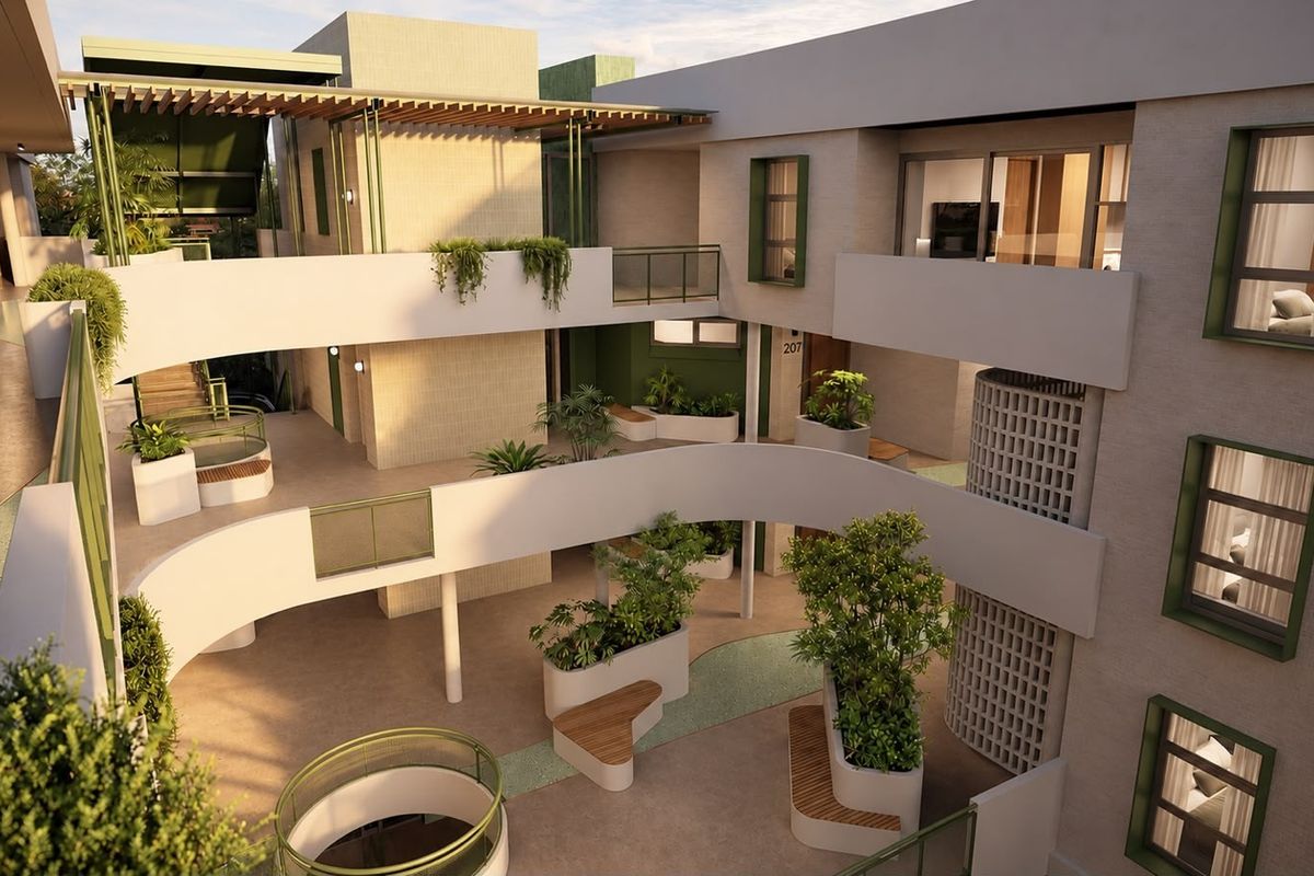 A modern apartment complex courtyard featuring multi-level walkways, integrated planters, built-in seating, and architectural breeze block detailing.