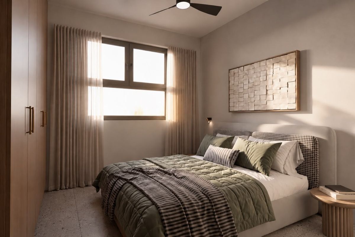 A modern, well-appointed bedroom featuring built-in wardrobes, terrazzo flooring, and a ceiling fan, creating a warm and inviting atmosphere.