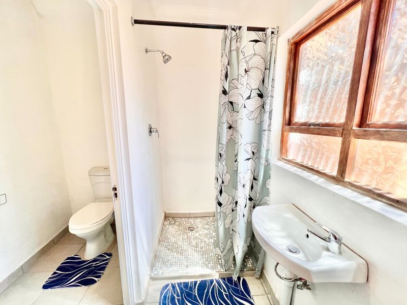 A functional bathroom featuring a shower with mosaic tiling, a wall-mounted basin, and a separate toilet area with natural light from a timber-framed window.
