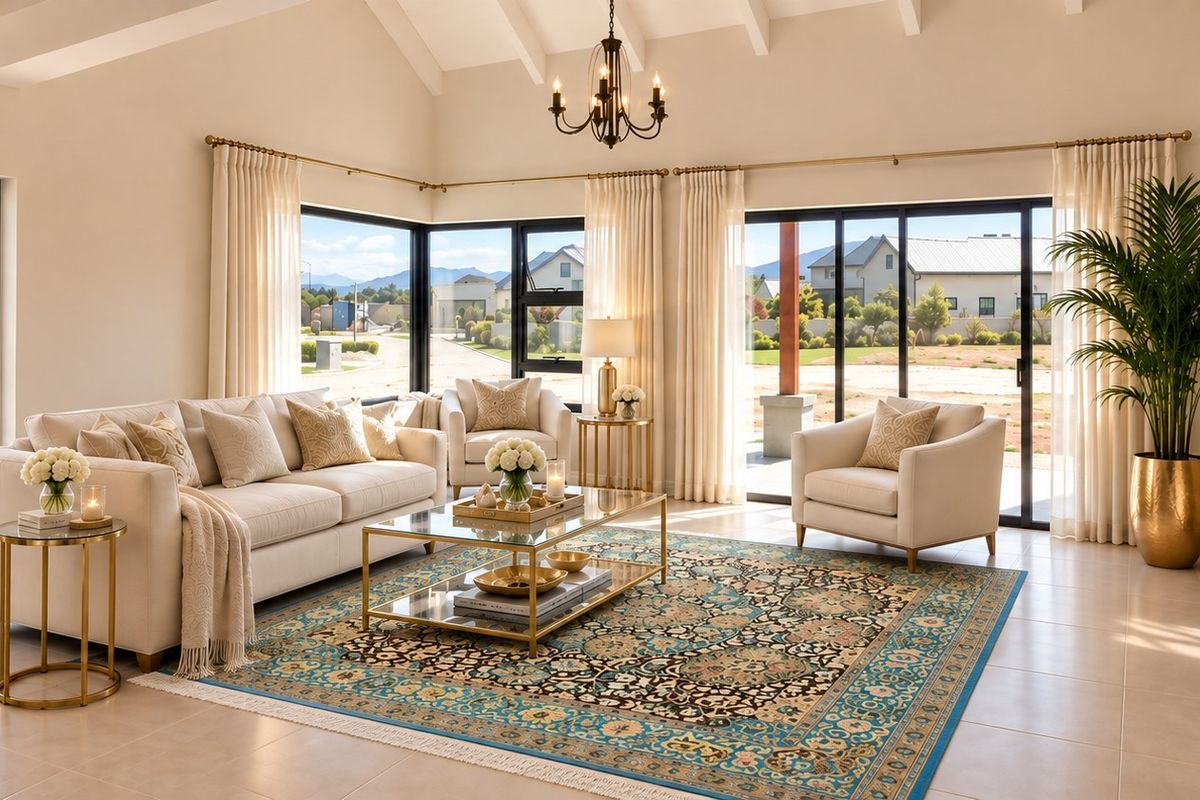 Spacious living room featuring vaulted ceilings with exposed beams, large sliding glass doors providing natural light, and neutral tiled flooring.