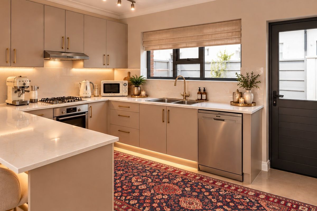 Modern kitchen featuring sleek cabinetry, quartz countertops, integrated appliances, and a breakfast bar, with direct access to the exterior.