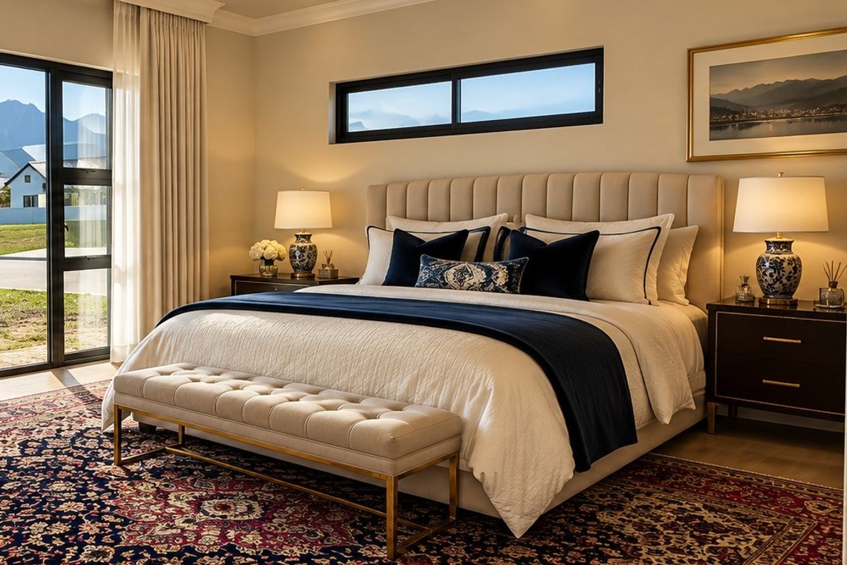 A well-appointed bedroom featuring elegant cove molding, recessed lighting, and a horizontal clerestory window, complemented by a full-height glass door with garden views.