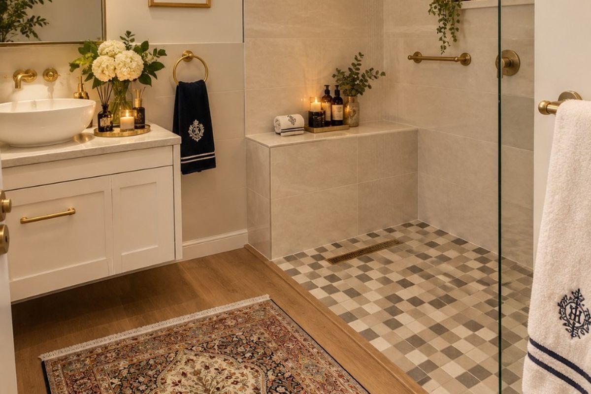 Modern bathroom featuring a vessel sink vanity, a spacious walk-in shower with a built-in bench, brass fixtures, and elegant tiled finishes.