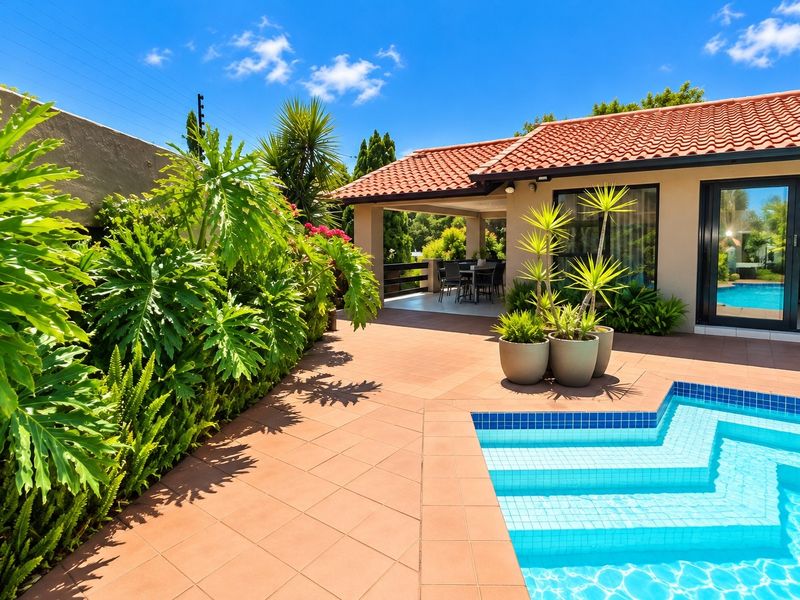A well-maintained outdoor pool area featuring a tiled patio, covered entertainment space, and clear views into the home through sliding glass doors.