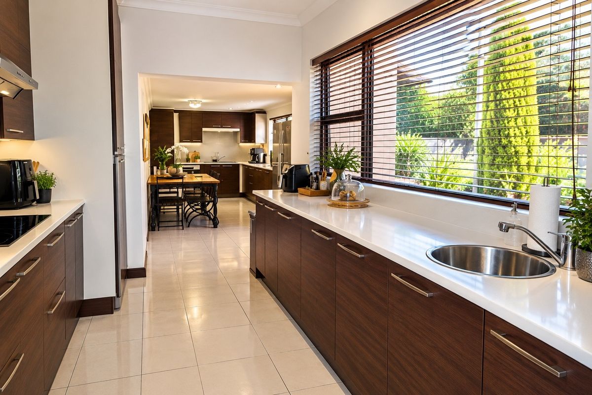 Modern kitchen featuring dark wood cabinetry, white stone countertops, stainless steel sink, and integrated appliances, with a view into the adjacent dining area.