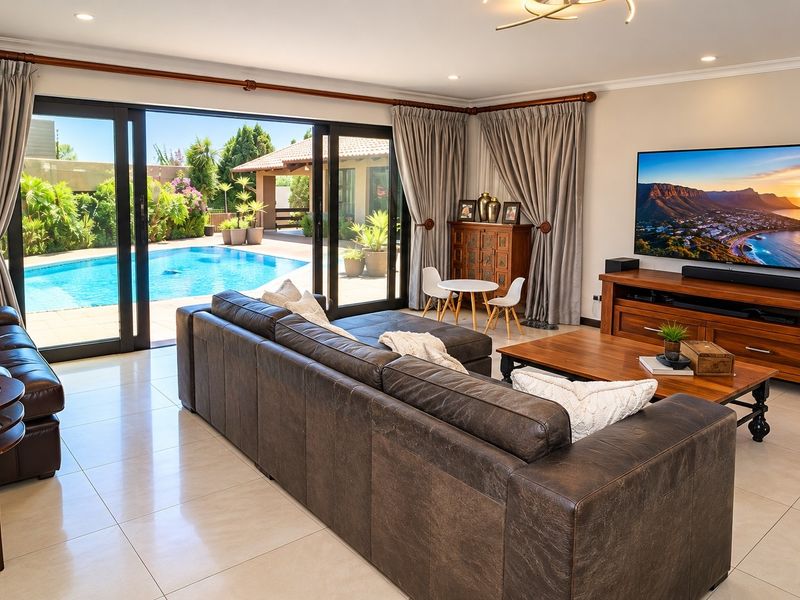Spacious living room featuring large sliding glass doors that open onto a pool area, complemented by neutral tiled flooring and recessed lighting.