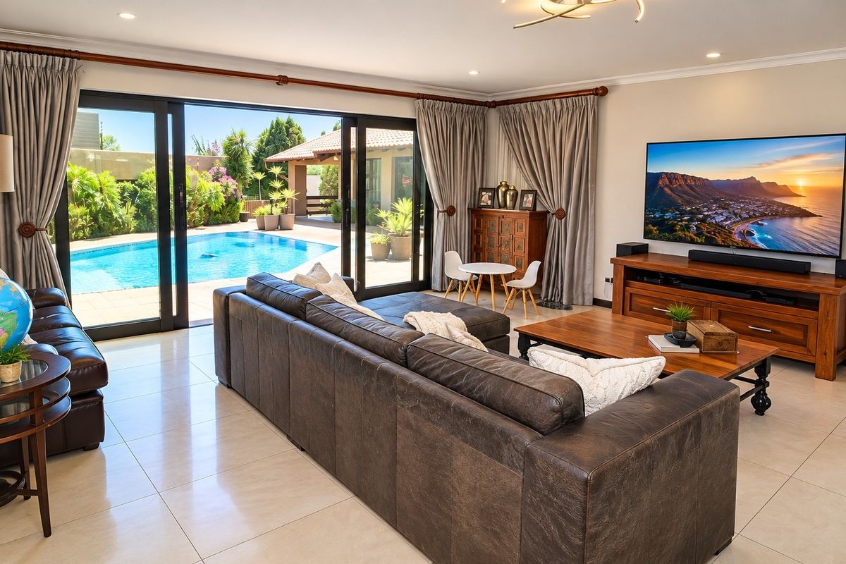 Spacious living room featuring large sliding glass doors that open onto a pool area, complemented by neutral tiled flooring and recessed lighting.