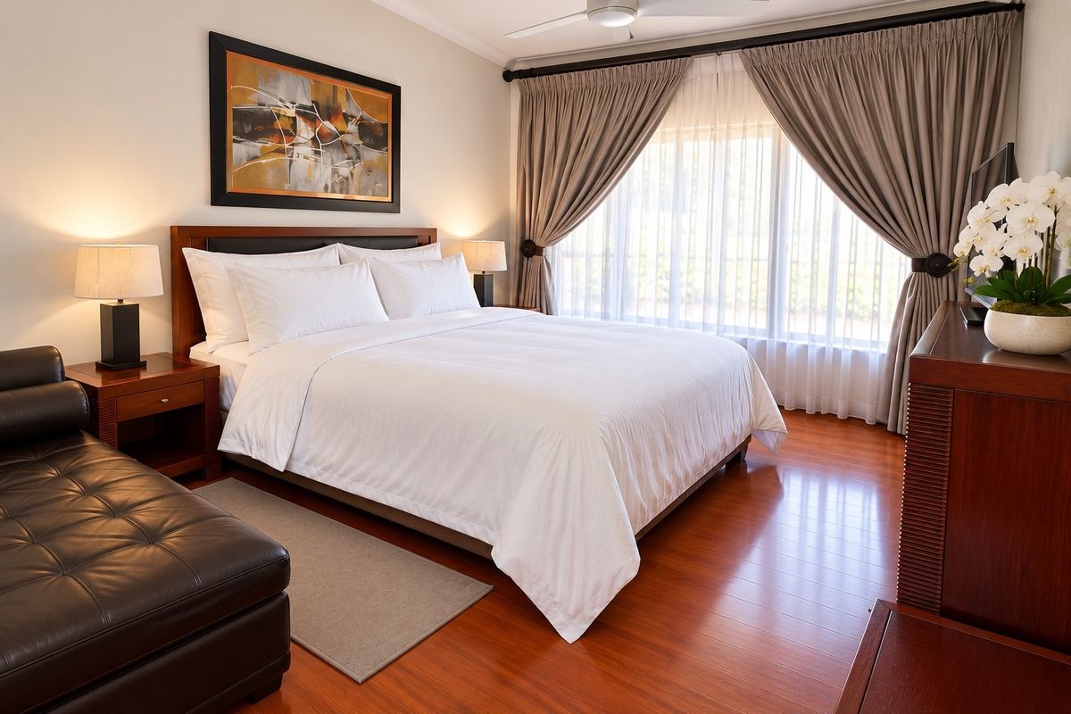 A well-maintained bedroom featuring warm-toned laminate flooring, a ceiling fan, and large windows dressed with elegant curtains.