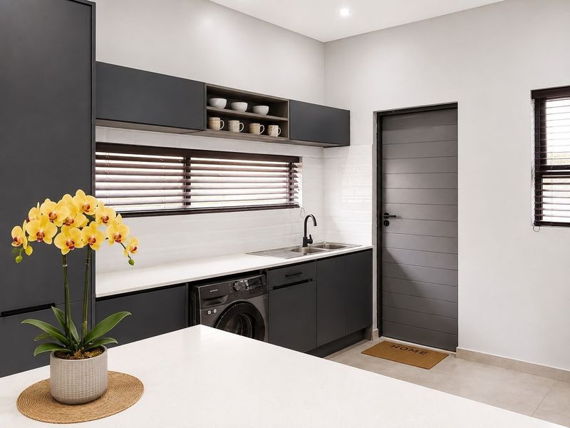 Modern laundry room featuring sleek dark cabinetry, subway tile backsplash, stainless steel sink, and integrated washing machine with clean, contemporary finishes.