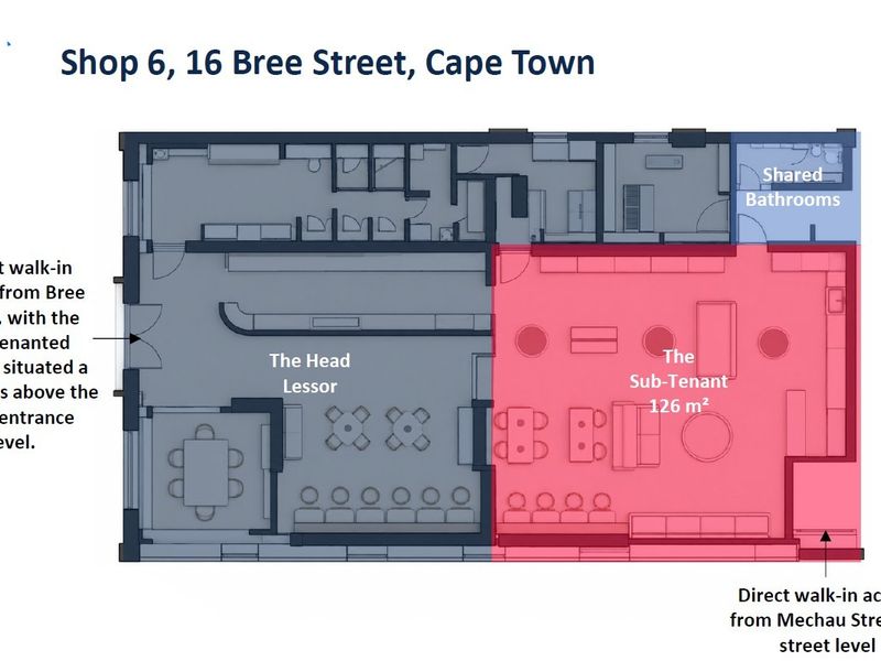 A detailed floor plan for Shop 6 at 16 Bree Street, Cape Town, highlighting the layout, sub-tenant area, and street access points.