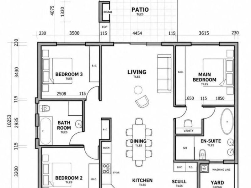 A detailed architectural floor plan showing a three-bedroom townhouse layout with open-plan living, kitchen, scullery, and outdoor patio area.