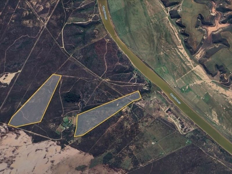 Aerial view of the farm property highlighting specific land parcels and proximity to the Gourits River.