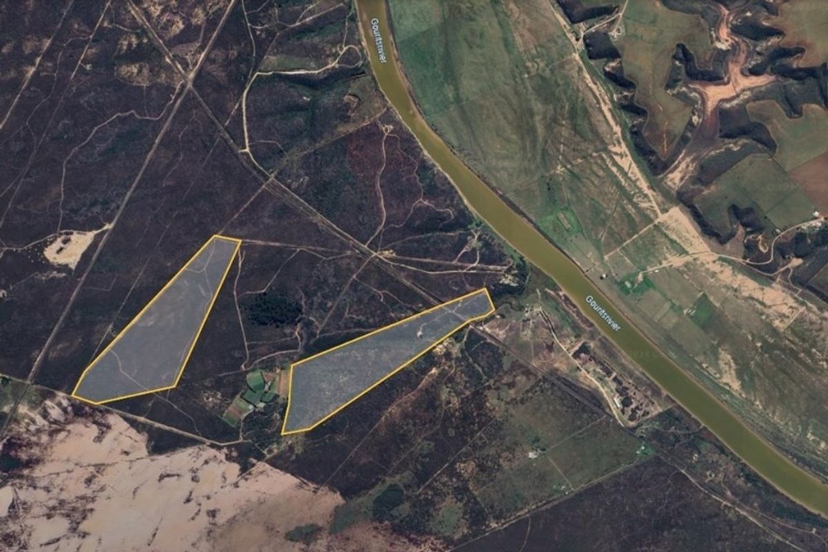 Aerial view of the farm property highlighting specific land parcels and proximity to the Gourits River.