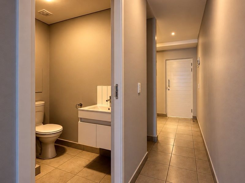 A clean, neutral hallway featuring tiled flooring and recessed lighting, providing access to a compact guest bathroom with a modern vanity and toilet.