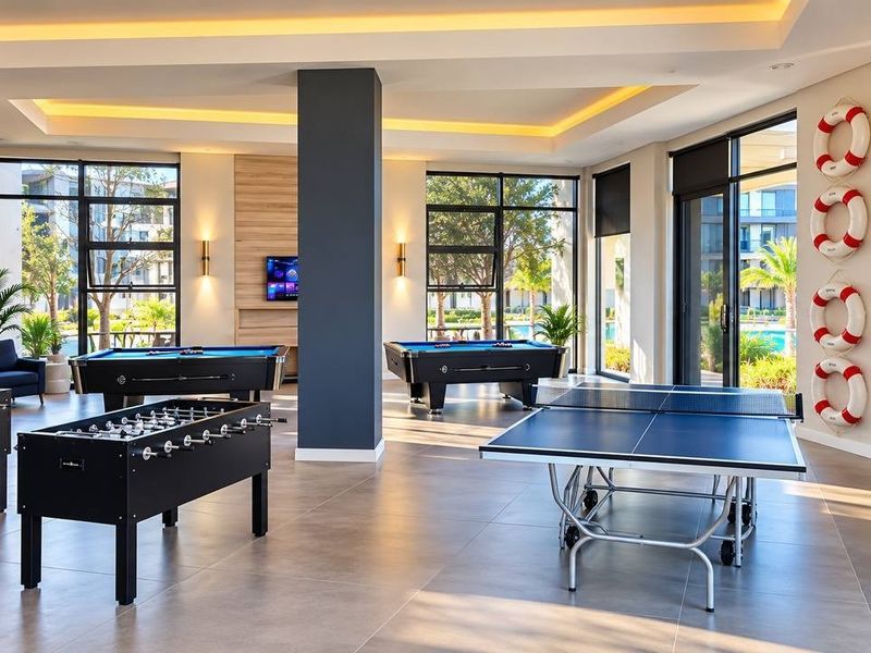 A modern, well-lit clubhouse area featuring large windows, tiled flooring, and a spacious open-plan layout designed for recreational activities.