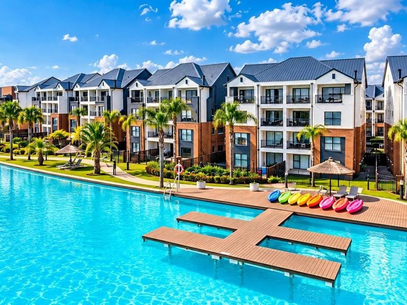 A large, well-maintained swimming pool area featuring timber decking and landscaped gardens, set against a backdrop of modern multi-story apartment buildings.