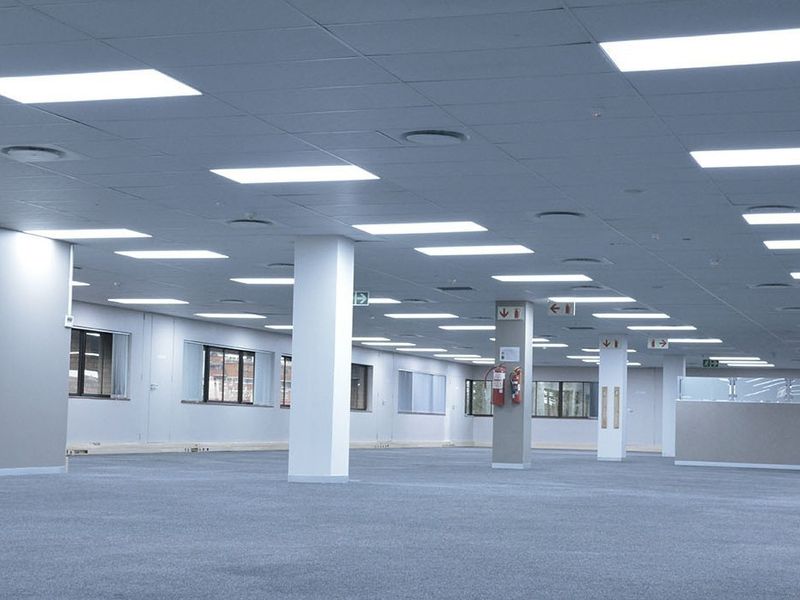 A spacious, open-plan commercial office area featuring a suspended ceiling with recessed lighting, carpeted flooring, and structural support columns.