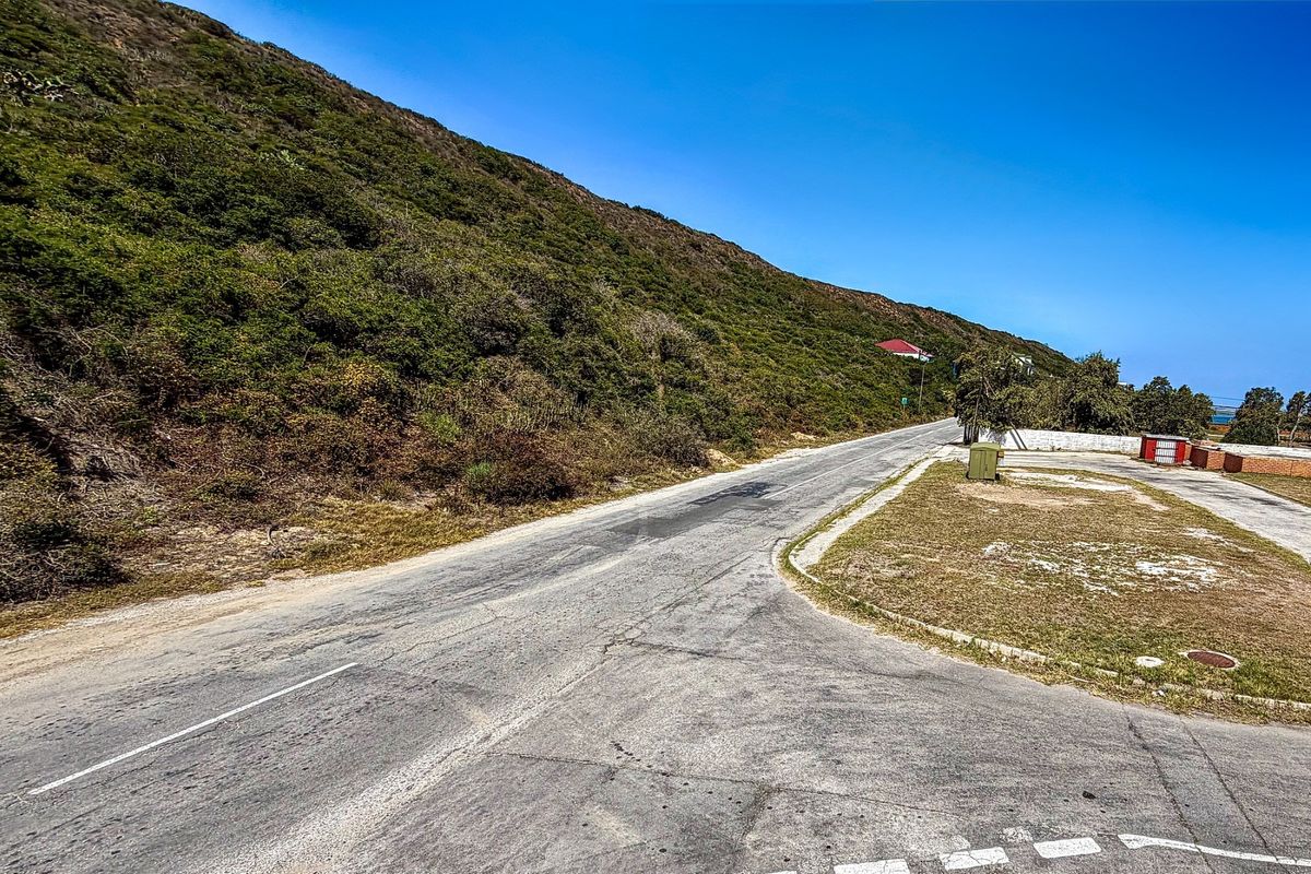 A view of the asphalt street and adjacent sloped hillside, showing the approach to the vacant residential land.