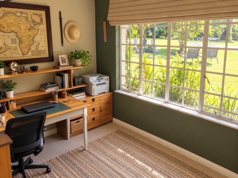 A well-lit home office featuring a large grid-pattern window overlooking the garden, built-in wooden shelving, and a fitted desk area.