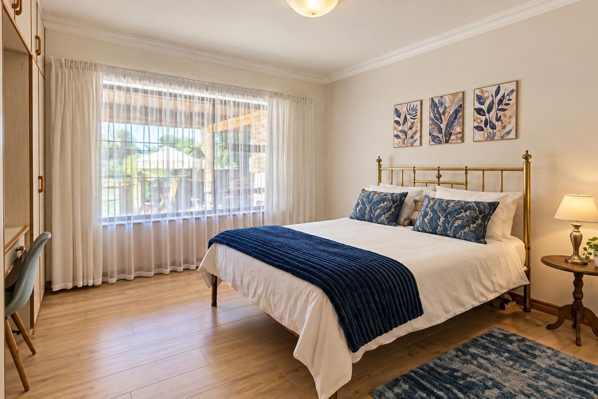 A well-maintained bedroom featuring laminate flooring, built-in cupboards, and large windows allowing natural light, creating a bright and comfortable living space.