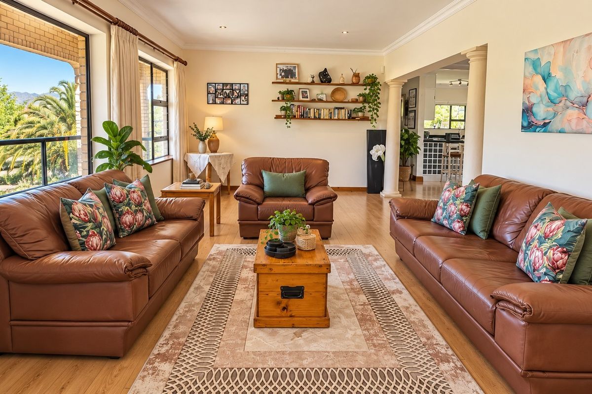 A spacious and well-lit living room featuring laminate flooring, decorative columns, and large windows that provide natural light and views of the garden.