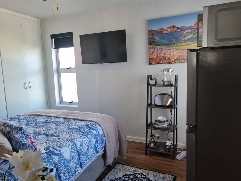 A functional bedroom featuring built-in wardrobe storage, laminate flooring, and a wall-mounted television.