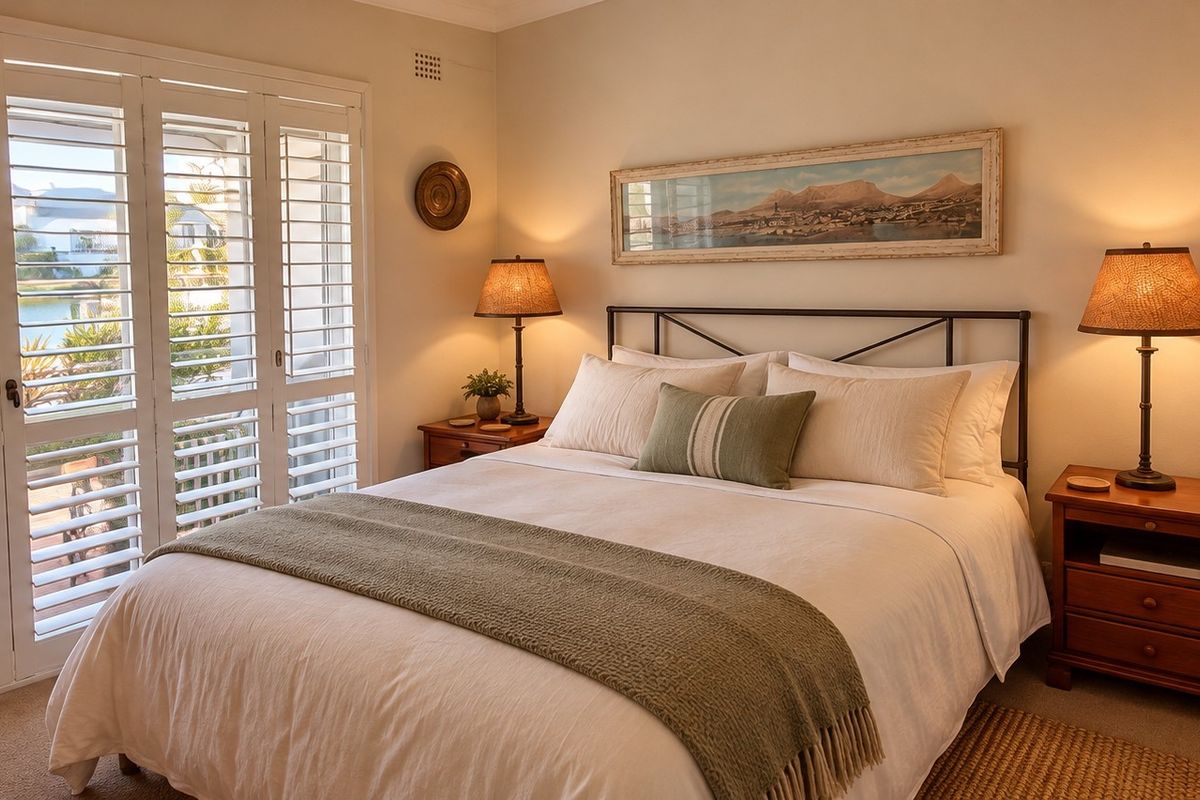 A well-maintained bedroom featuring built-in wardrobes, carpet flooring, and plantation shutters opening to a scenic outdoor view.