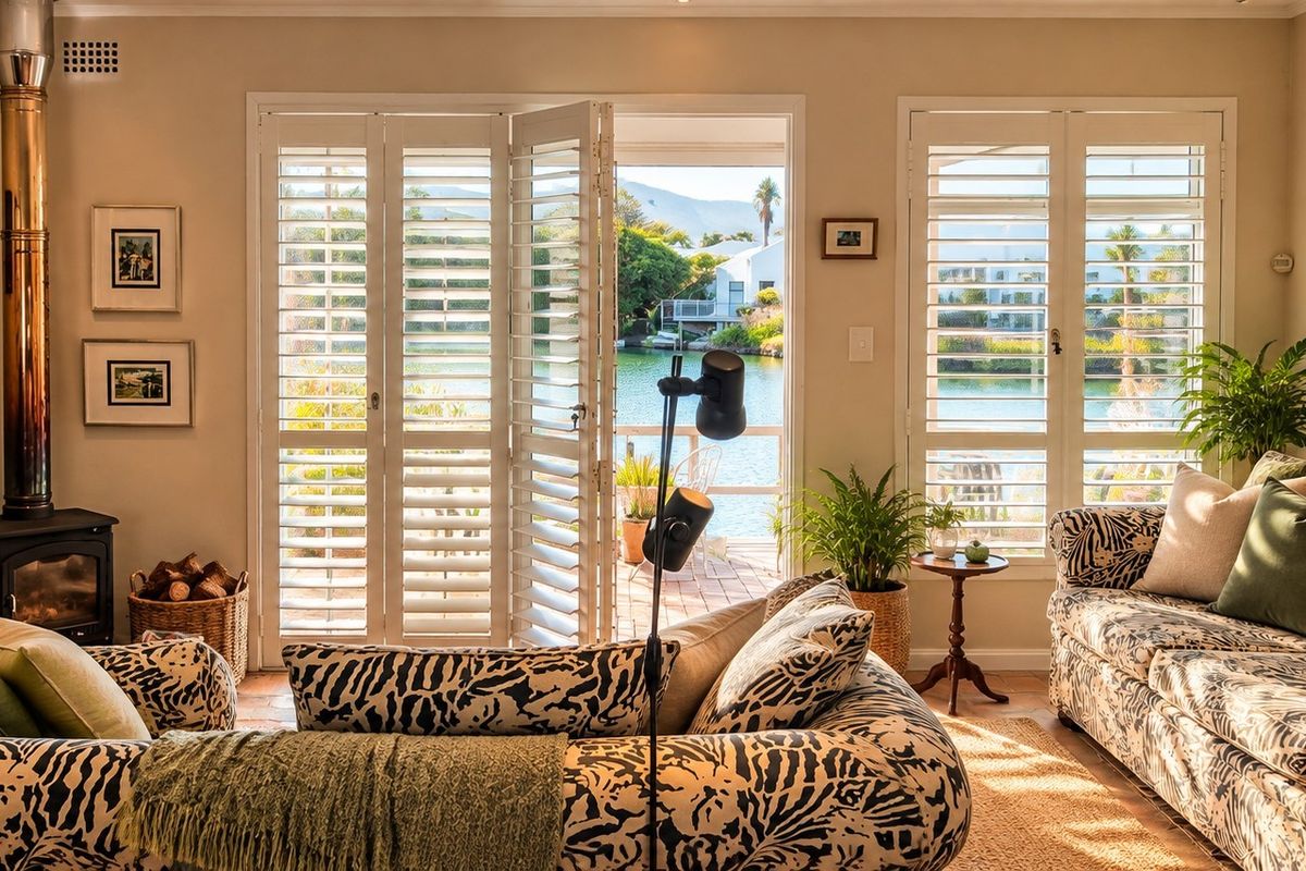 Cozy living room featuring a wood-burning stove, terracotta flooring, and plantation shutters opening onto a scenic waterfront patio.