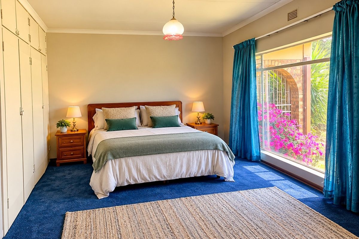 Spacious bedroom featuring built-in cupboards, blue carpeting, and a large window overlooking a garden area.