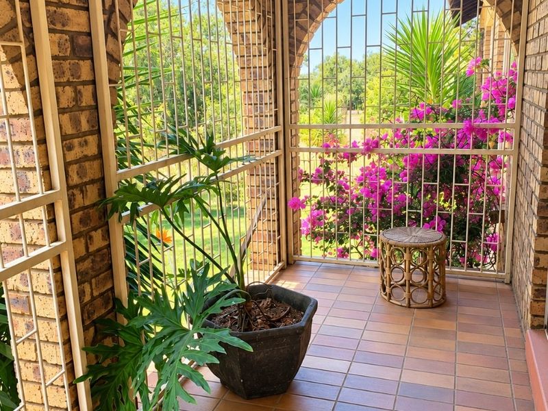 A covered patio area featuring brick arches, security bars, and tiled flooring, offering a pleasant view of the garden.