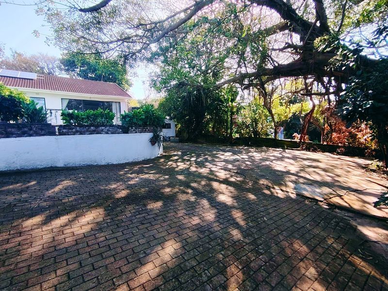 A spacious front exterior area featuring a brick-paved driveway, a white retaining wall, and mature trees providing shade to the property entrance.