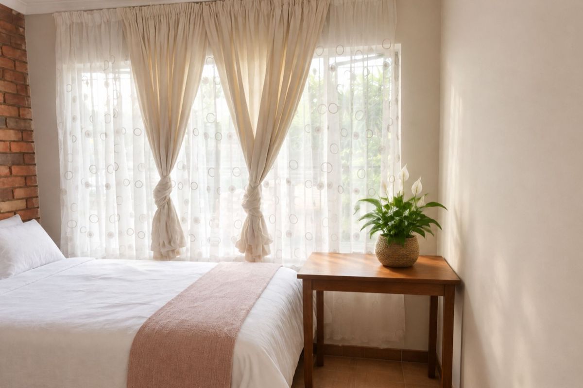A cozy bedroom featuring an exposed brick accent wall, tiled flooring, and a large window that allows for natural light.