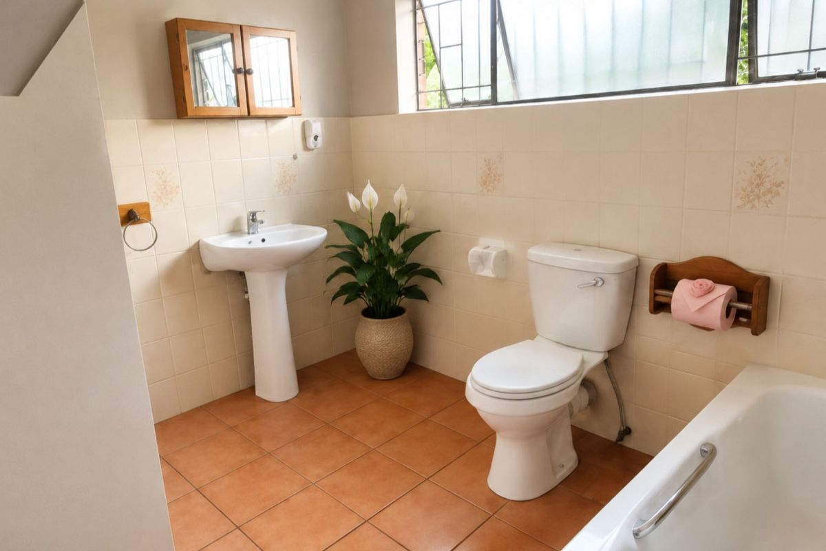 A functional bathroom featuring a pedestal basin, standard toilet, and bathtub with tiled walls and flooring, offering a clean and practical layout.