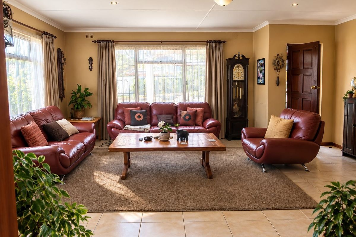 A spacious living room featuring neutral tiled flooring, recessed lighting, and large windows that provide ample natural light.