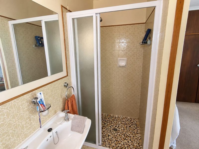 A compact bathroom featuring a shower enclosure with patterned wall tiles, a pebble-style floor, and a pedestal basin with a wall-mounted mirror.
