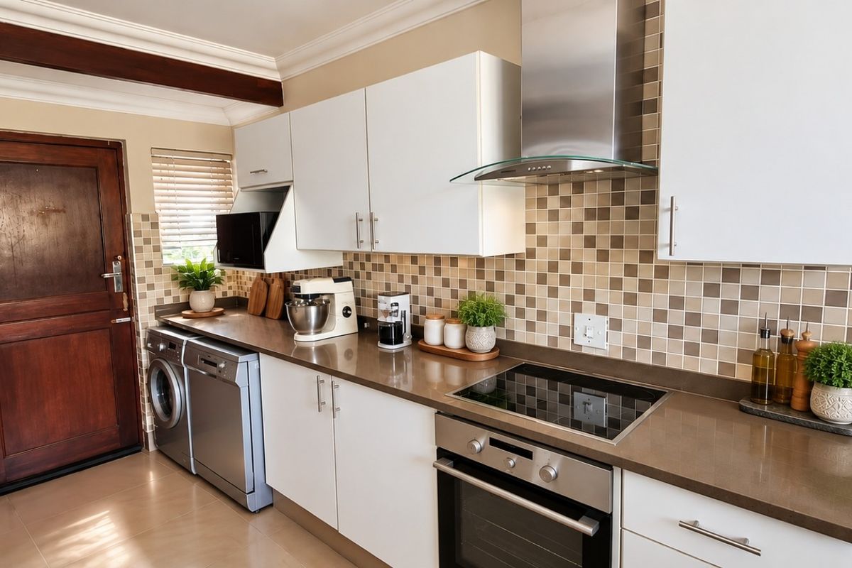 A well-maintained kitchen featuring modern white cabinetry, stone countertops, a mosaic tile backsplash, and integrated stainless steel appliances.