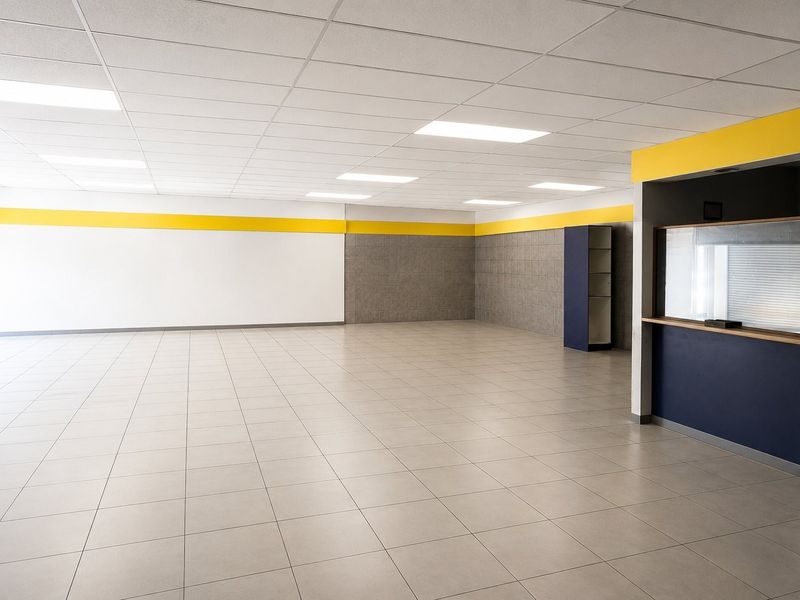 A spacious, open-plan commercial interior featuring tiled flooring, a suspended ceiling with recessed lighting, and a built-in service counter area.