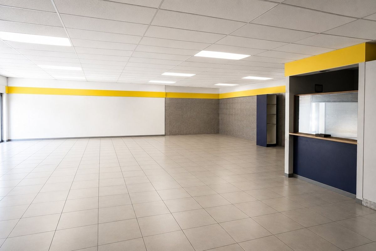 A spacious, open-plan commercial interior featuring tiled flooring, a suspended ceiling with recessed lighting, and a built-in service counter area.