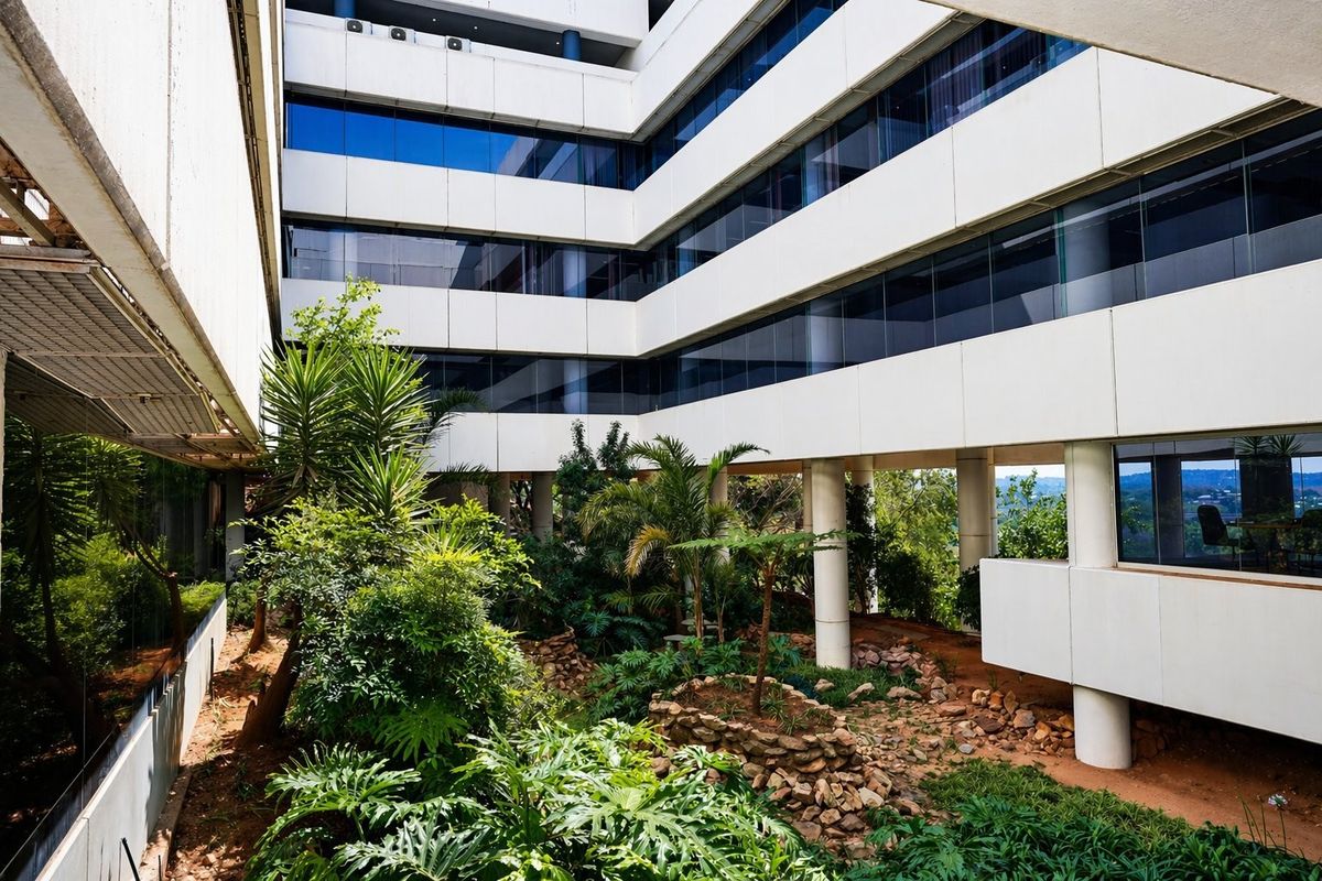 A view of a multi-story commercial building featuring a central landscaped courtyard with mature greenery and modern glass facade architecture.