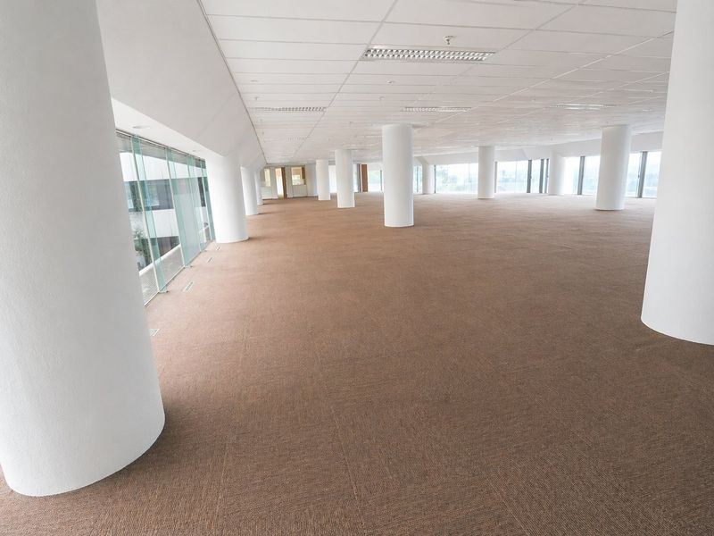 A spacious, open-plan commercial office area featuring large structural columns, carpeted flooring, suspended ceilings, and extensive floor-to-ceiling windows providing ample natural light.