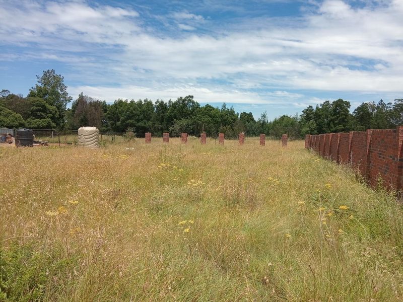 A vacant residential plot featuring a brick boundary wall, fence pillars, and a water storage tank, surrounded by established trees and overgrown grass.